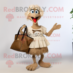 Tan Ostrich mascot costume character dressed with a A-Line Skirt and Tote bags