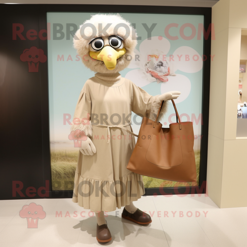 Tan Ostrich mascot costume character dressed with a A-Line Skirt and Tote bags