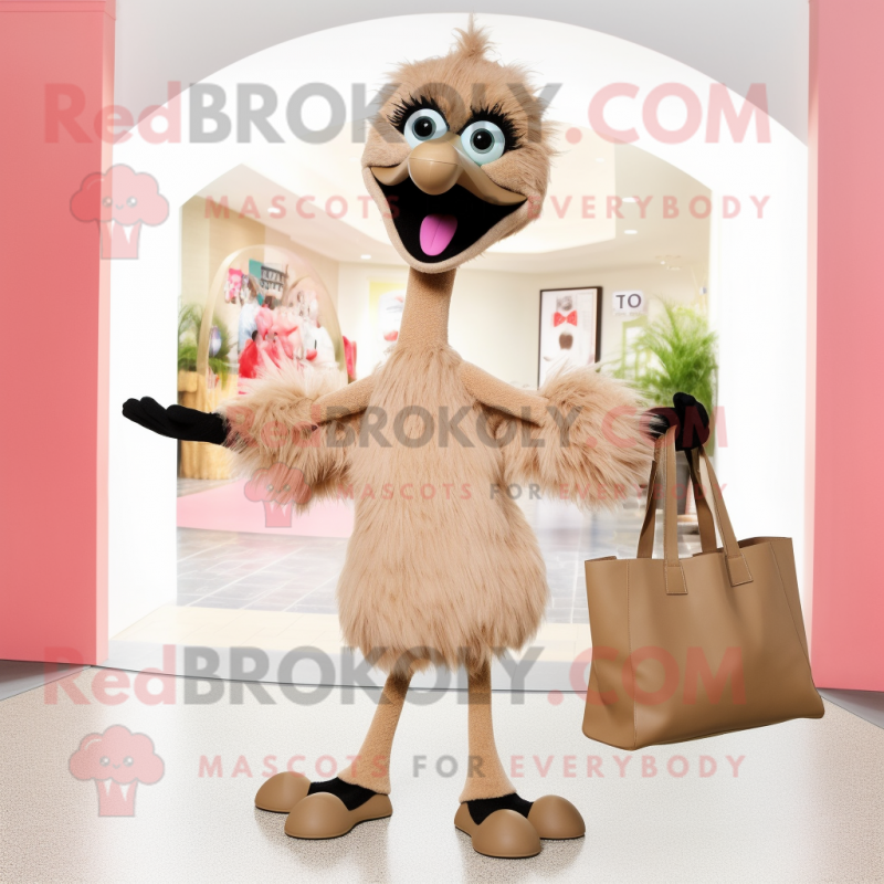 Tan Ostrich mascot costume character dressed with a A-Line Skirt and Tote bags