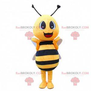 Mascote abelha amarela e preta, fantasia de vespa sorridente -