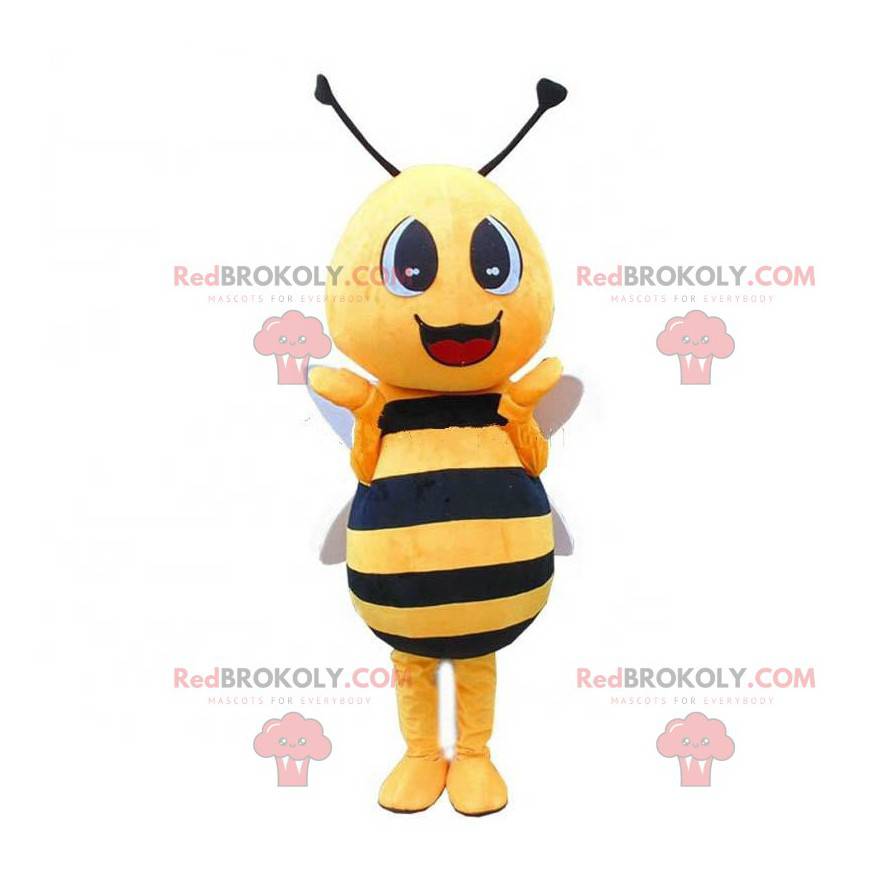 Gul og svart bie-maskot, smilende vepsedrakt - Redbrokoly.com