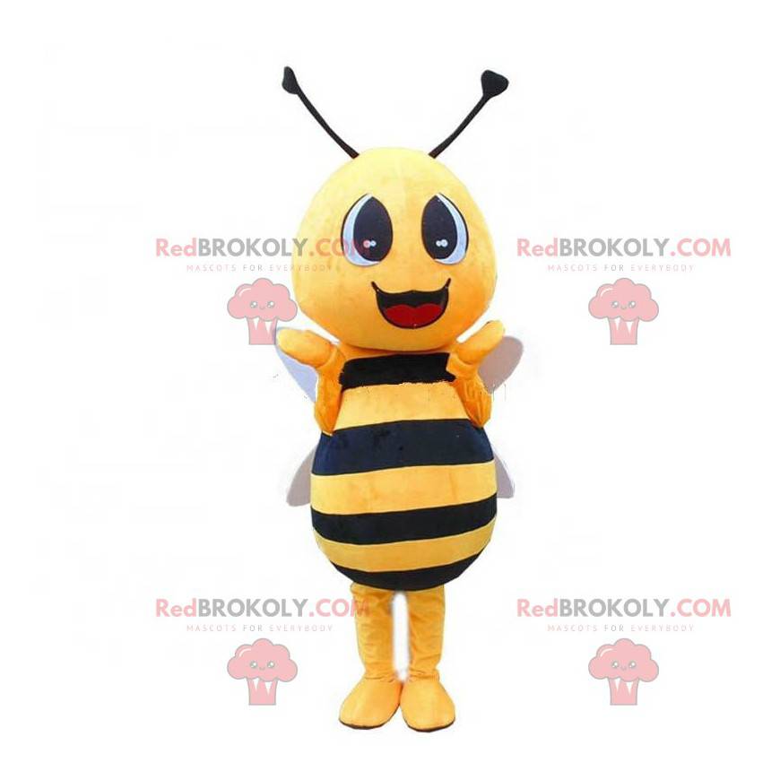 Mascotte d'abeille jaune et noire, costume de guêpe souriante -