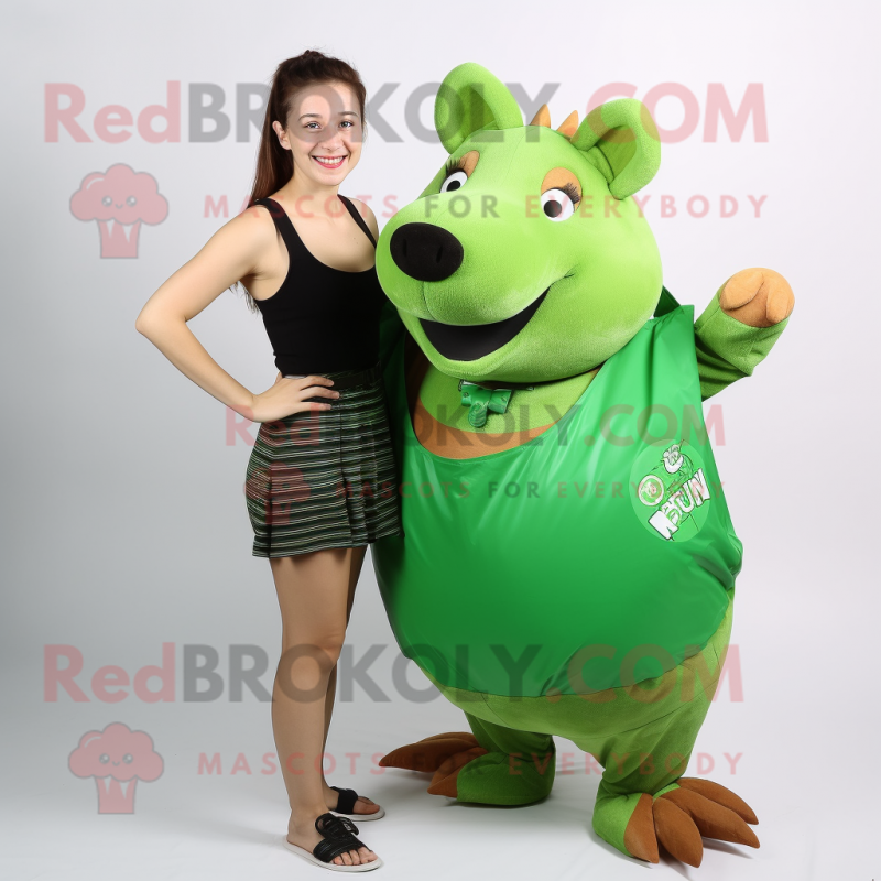 Green Wild Boar mascot costume character dressed with a Bikini and Tote bags Green Wild Boar mascot costume character dressed with a Bikini and Tote bags