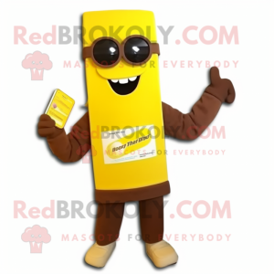 Yellow Chocolate Bars mascot costume character dressed with a Sweater and Sunglasses