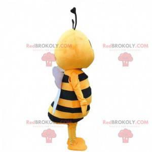 Yellow and black bee mascot, smiling wasp costume -