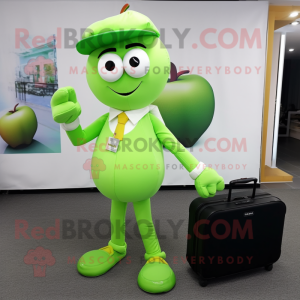 Green Apple mascot costume character dressed with a Capri Pants and Briefcases