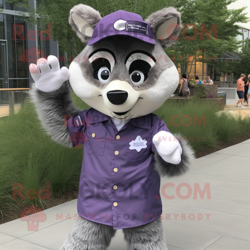 Lavender Raccoon mascot costume character dressed with a Oxford Shirt and Headbands Lavender Raccoon mascot costume character dressed with a Oxford Shirt and Headbands