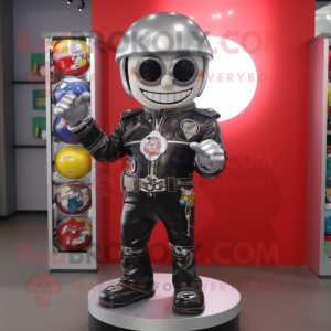Silver Gumball Machine mascot costume character dressed with a Biker Jacket and Rings