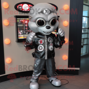 Silver Gumball Machine mascot costume character dressed with a Biker Jacket and Rings