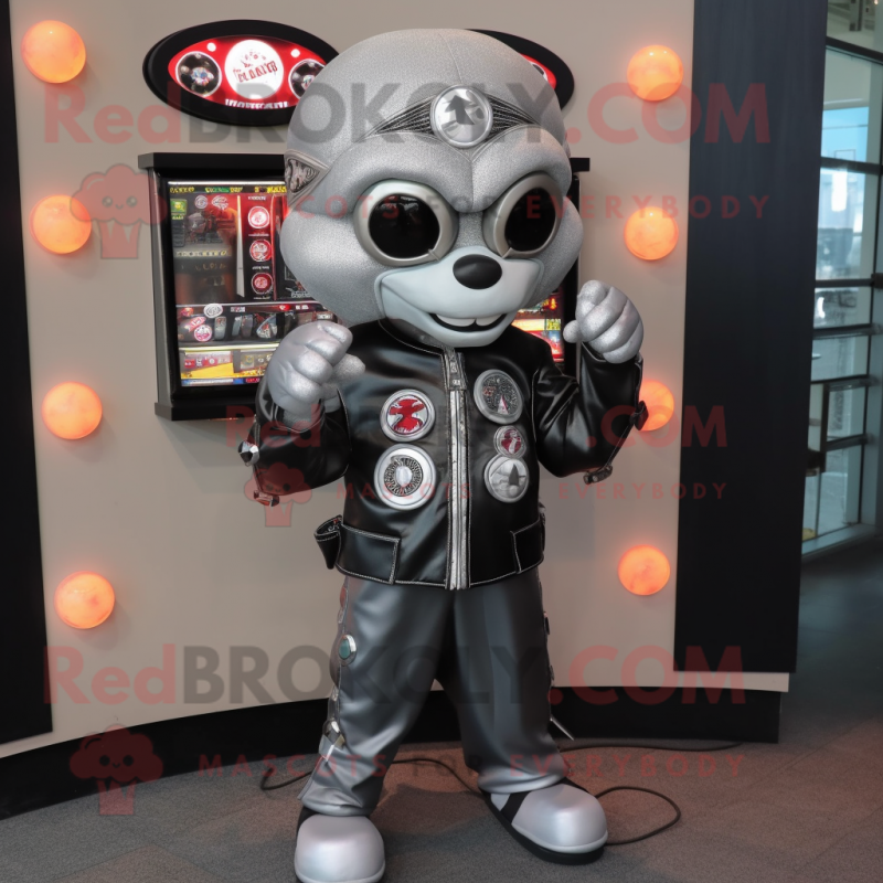 Silver Gumball Machine mascot costume character dressed with a Biker Jacket and Rings Silver Gumball Machine mascot costume character dressed with a Biker Jacket and Rings