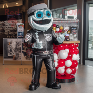 Silver Gumball Machine mascot costume character dressed with a Biker Jacket and Rings