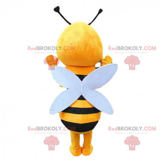 Mascotte d'abeille jaune et noire, costume de guêpe souriante -