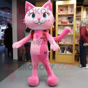 Pink Cat mascot costume character dressed with a Bootcut Jeans and Scarf clips