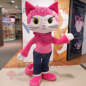 Pink Cat mascot costume character dressed with a Bootcut Jeans and Scarf clips