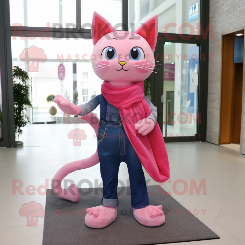 Pink Cat mascot costume character dressed with a Bootcut Jeans and Scarf clips