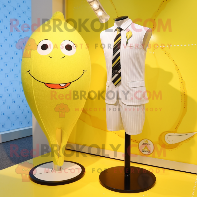 Lemon Yellow Aglet mascot costume character dressed with a One-Piece Swimsuit and Tie pins