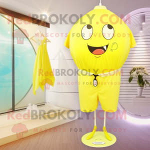 Lemon Yellow Aglet mascot costume character dressed with a One-Piece Swimsuit and Tie pins