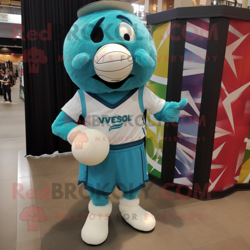 Teal Volleyball Ball mascot costume character dressed with a Overalls and Pocket squares Teal Volleyball Ball mascot costume character dressed with a Overalls and Pocket squares