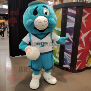 Teal Volleyball Ball mascot costume character dressed with a Overalls and Pocket squares