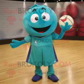 Teal Volleyball Ball mascot costume character dressed with a Overalls and Pocket squares