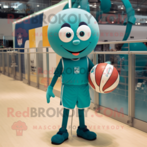 Teal Volleyball Ball mascot costume character dressed with a Overalls and Pocket squares