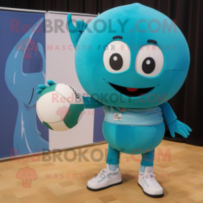 Teal Volleyball Ball mascot costume character dressed with a Overalls and Pocket squares