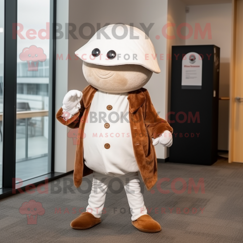 White Oyster mascot costume character dressed with a Corduroy Pants and Berets White Oyster mascot costume character dressed with a Corduroy Pants and Berets