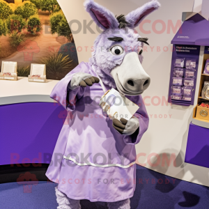 Lavender Donkey mascot costume character dressed with a Dress and Coin purses