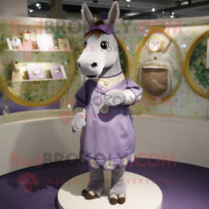 Lavender Donkey mascot costume character dressed with a Dress and Coin purses