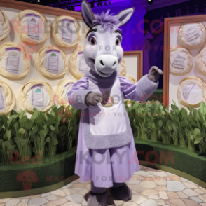 Lavender Donkey mascot costume character dressed with a Dress and Coin purses