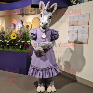 Lavender Donkey mascot costume character dressed with a Dress and Coin purses