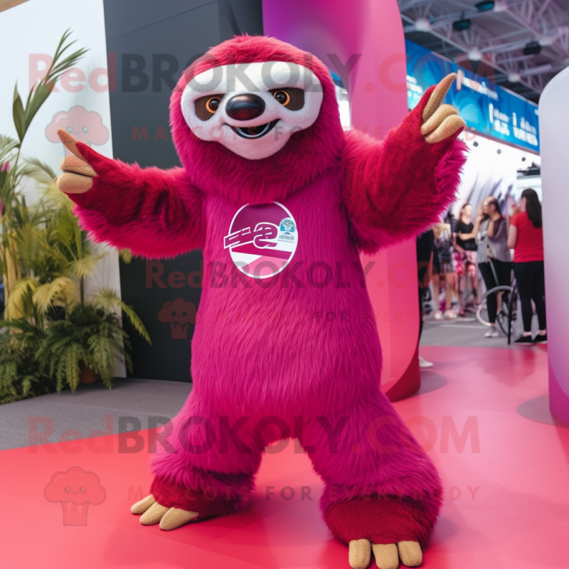 Magenta Giant Sloth mascot costume character dressed with a T-Shirt and Rings