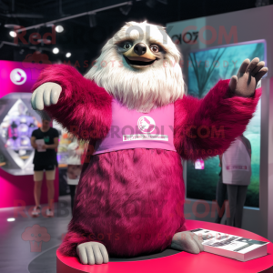 Magenta Giant Sloth mascot costume character dressed with a T-Shirt and Rings