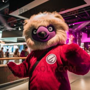 Magenta Giant Sloth mascot costume character dressed with a T-Shirt and Rings