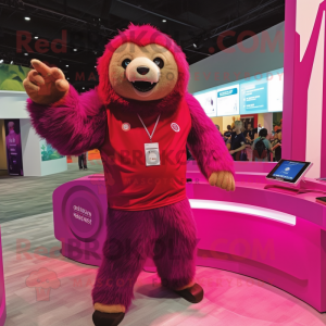 Magenta Giant Sloth mascot costume character dressed with a T-Shirt and Rings