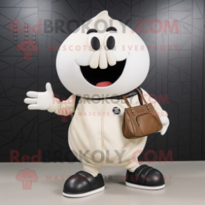 White Squash mascot costume character dressed with a Leather Jacket and Clutch bags