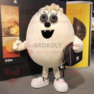 White Squash mascot costume character dressed with a Leather Jacket and Clutch bags