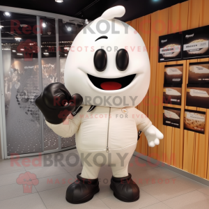 White Squash mascot costume character dressed with a Leather Jacket and Clutch bags
