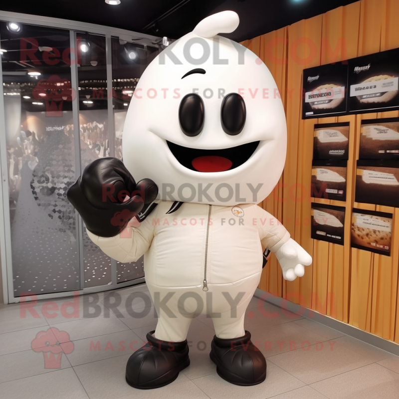White Squash mascot costume character dressed with a Leather Jacket and Clutch bags