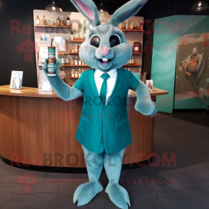 Teal Wild Rabbit mascot costume character dressed with a Cocktail Dress and Ties