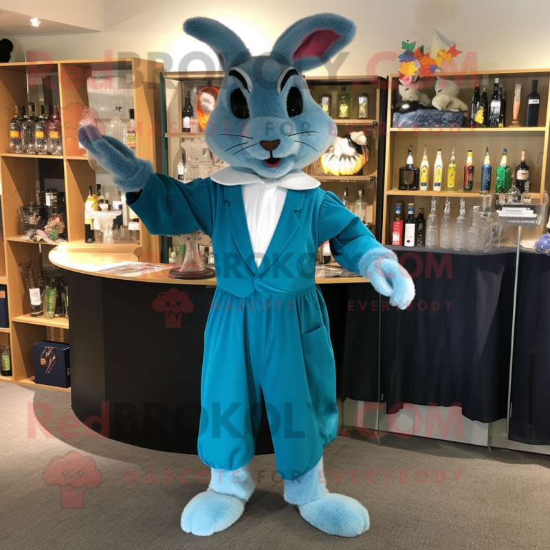 Teal Wild Rabbit mascot costume character dressed with a Cocktail Dress and Ties Teal Wild Rabbit mascot costume character dressed with a Cocktail Dress and Ties