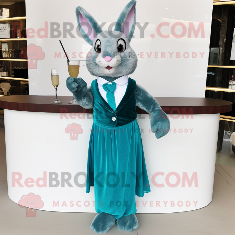 Teal Wild Rabbit mascot costume character dressed with a Cocktail Dress and Ties Teal Wild Rabbit mascot costume character dressed with a Cocktail Dress and Ties
