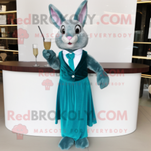 Teal Wild Rabbit mascot costume character dressed with a Cocktail Dress and Ties