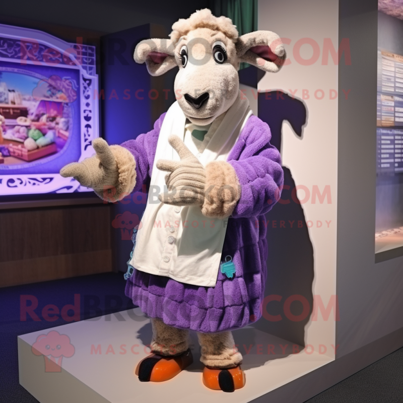 Purple Ram mascot costume character dressed with a Button-Up Shirt and Shawls