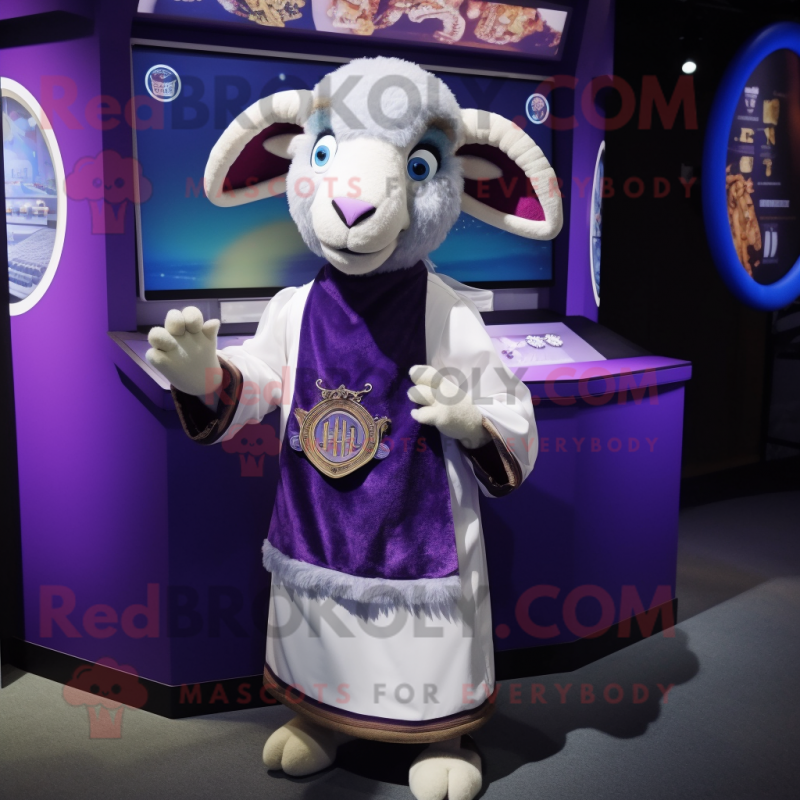 Purple Ram mascot costume character dressed with a Button-Up Shirt and Shawls Purple Ram mascot costume character dressed with a Button-Up Shirt and Shawls