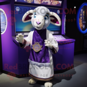 Purple Ram mascot costume character dressed with a Button-Up Shirt and Shawls