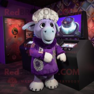 Purple Ram mascot costume character dressed with a Button-Up Shirt and Shawls