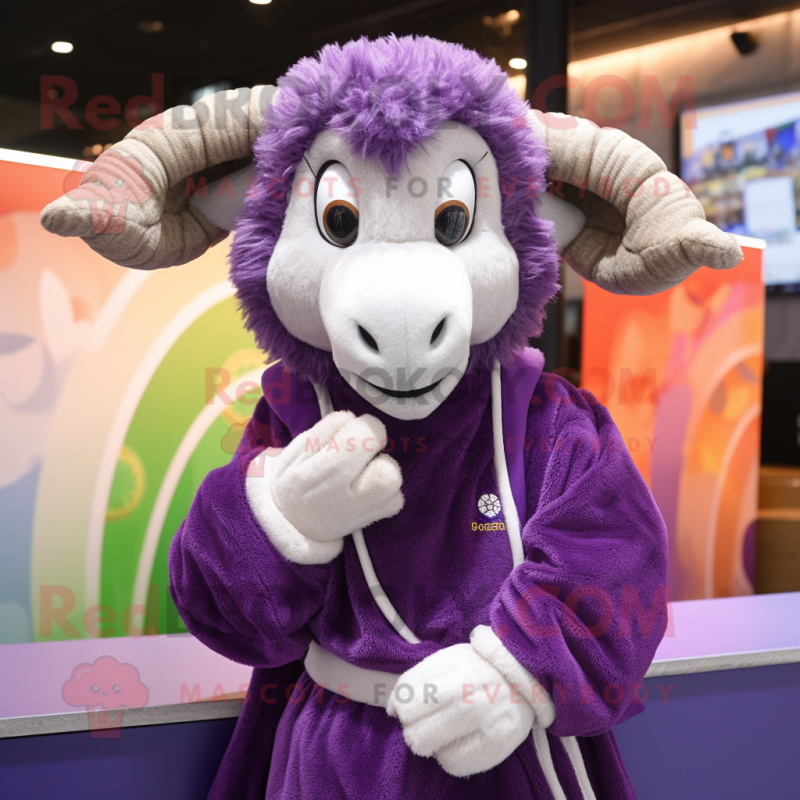 Purple Ram mascot costume character dressed with a Button-Up Shirt and Shawls Purple Ram mascot costume character dressed with a Button-Up Shirt and Shawls
