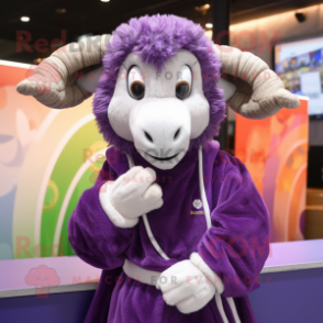 Purple Ram mascot costume character dressed with a Button-Up Shirt and Shawls