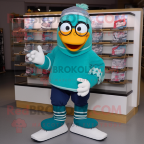 Teal Pair Of Ice Skates mascot costume character dressed with a Hoodie and Reading glasses
